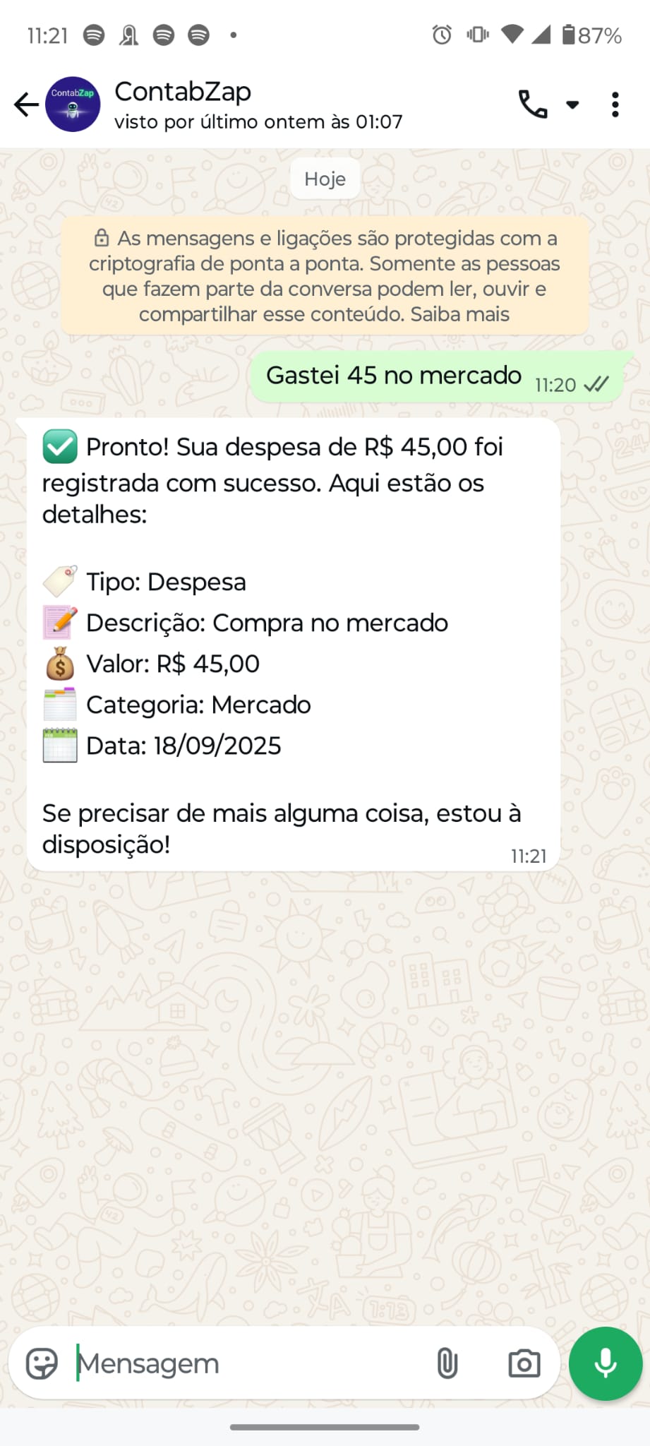 Registrar despesa no WhatsApp